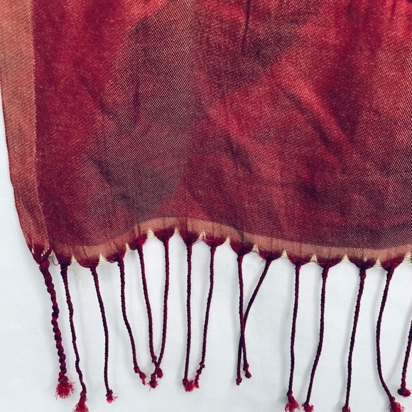 D&C Scarf Red Beige Embroidered Silky 27”X 70” - Picture 4 of 14